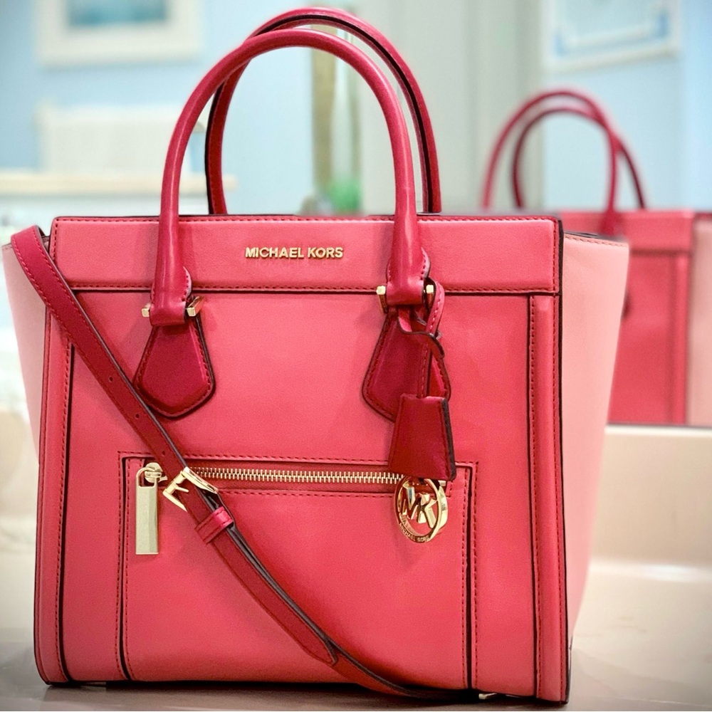 RARE MICHAEL KORS Colette Satchel Leather Large Color-Block Zip Closure - Picture 2 of 14